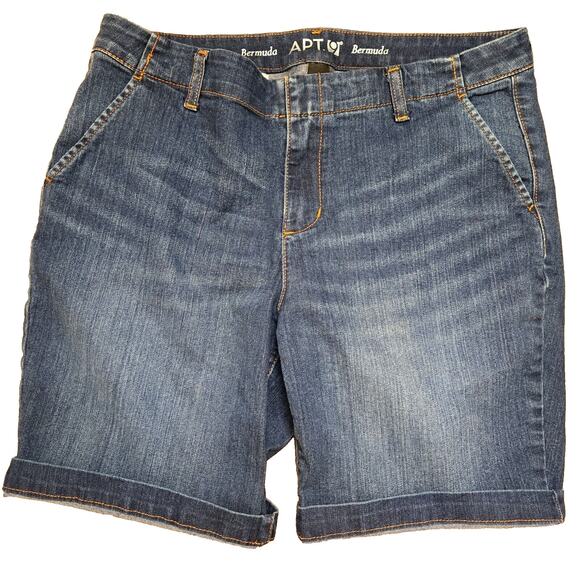 Apt. 9 Women's Dark Navy Denim Bermuda Stretch Shorts Pockets Button & Zip Sz 12 - Picture 1 of 7